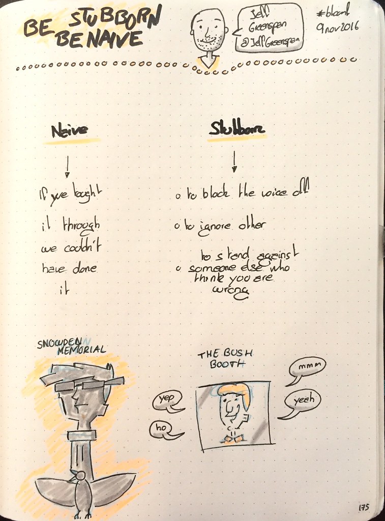 Mes sketchnote de "Be stubborn, be naive"
