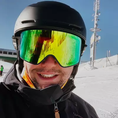 Self-portrait with my helmet and ski goggles
