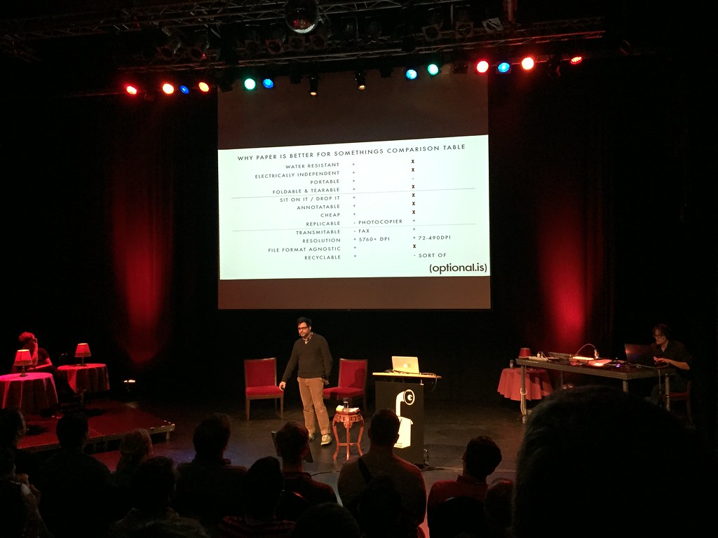 List of points where paper is better than phones: Water resistant, Electrical independent, Foldable and tearable, Sit on it or drop it, Annotable, Cheap, Replicable, Transmitable (FAX), Better resolution, File format agnostic, 100% recyclable
