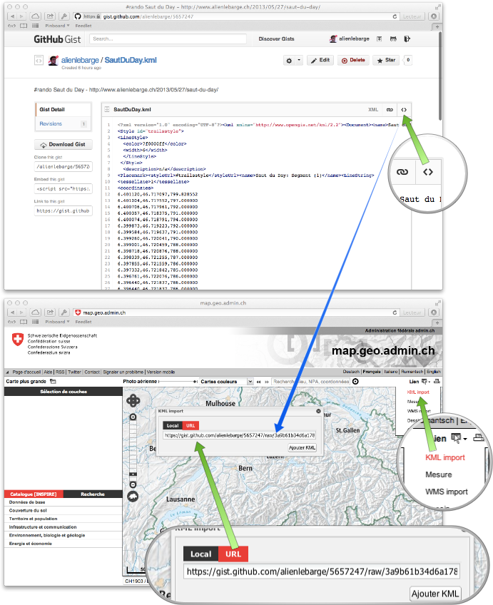 Capture d'écran Github et map.geo.admin