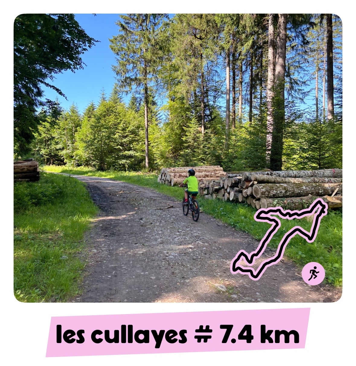 an image showing that we did 7.4 km in the Cullayes region in the picture, you can see a little boy riding a bike on the forest trails