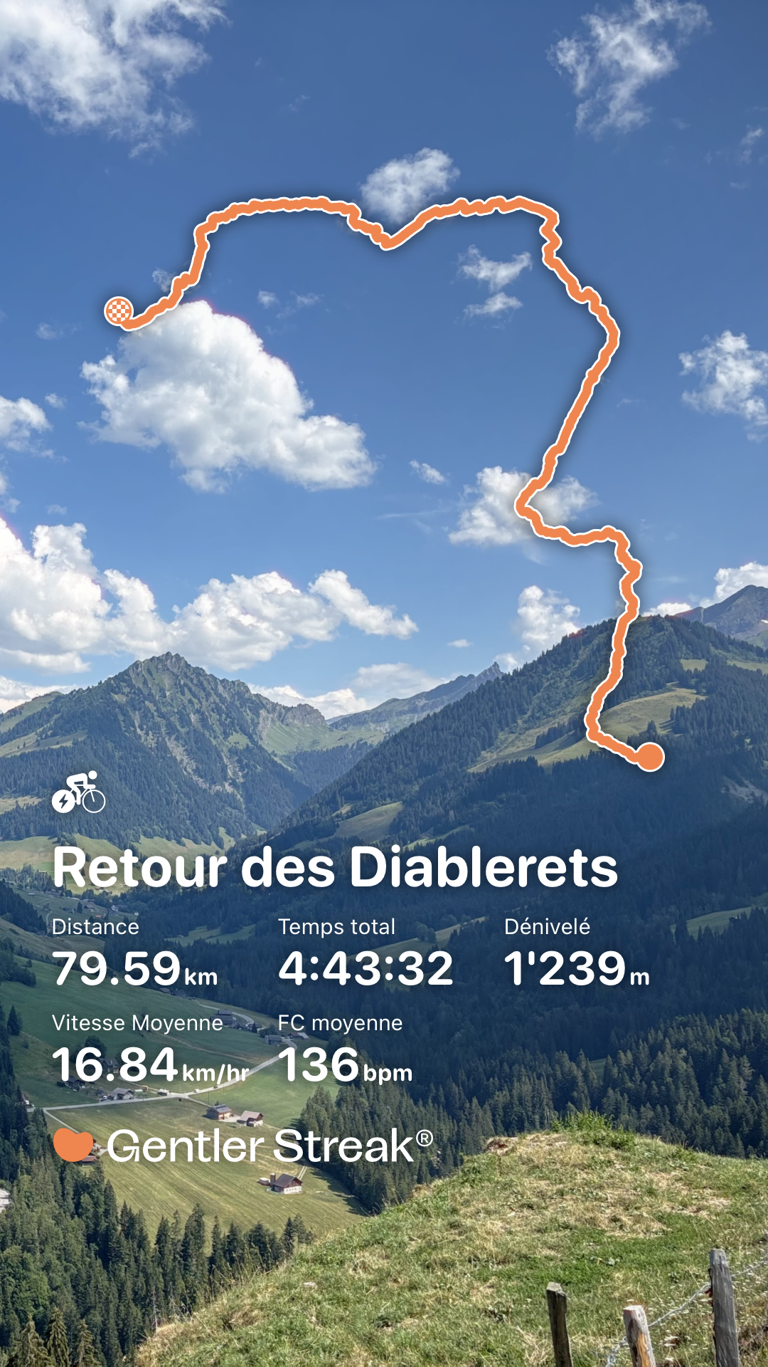 A mountain biking route called "Retour des Diablerets" displayed on a map with an orange trail outline showing a 79.54 km distance, 4 hours 43 minutes total time, and 1239 meters elevation gain against a blue sky and alpine landscape background.