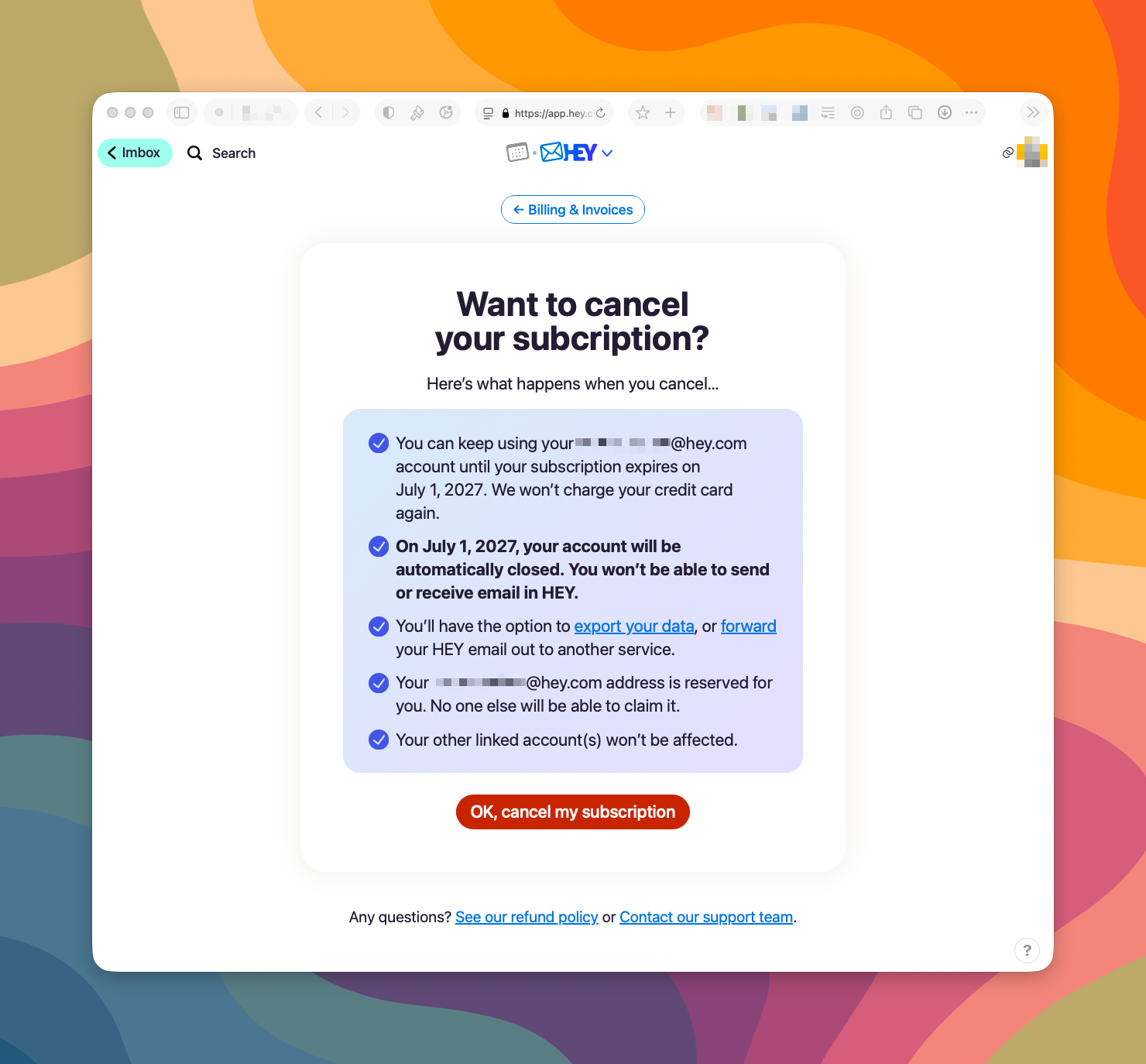 A subscription cancellation confirmation dialog from HEY email service