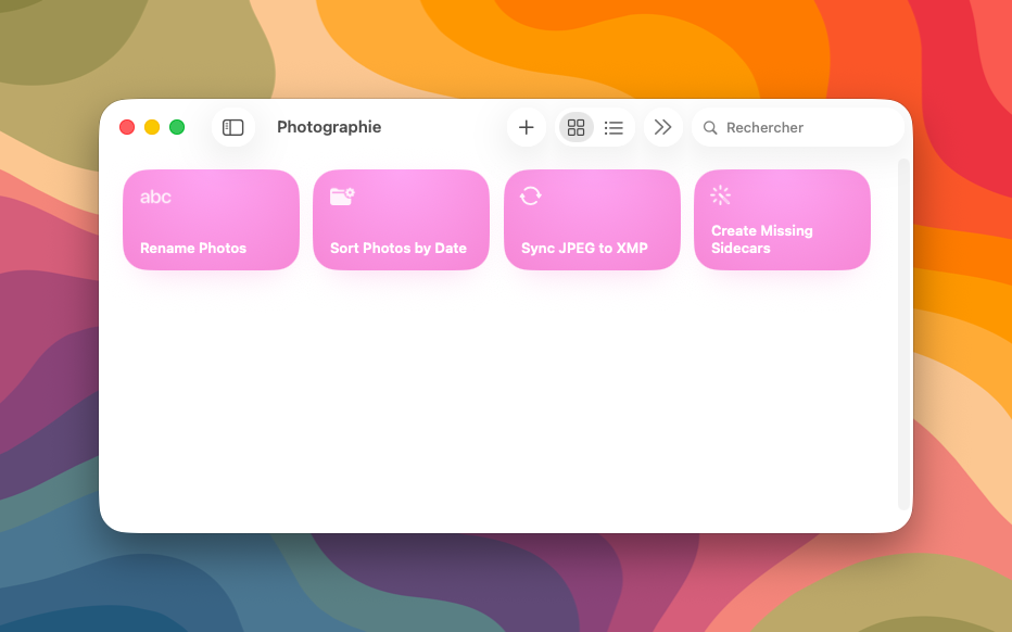 A macOS window showing four pink shortcut tiles for organizing photos: Remove Duplicates, Sort Photos by Date, Sync JPEG to XMP, and Create Missing Sidecar.