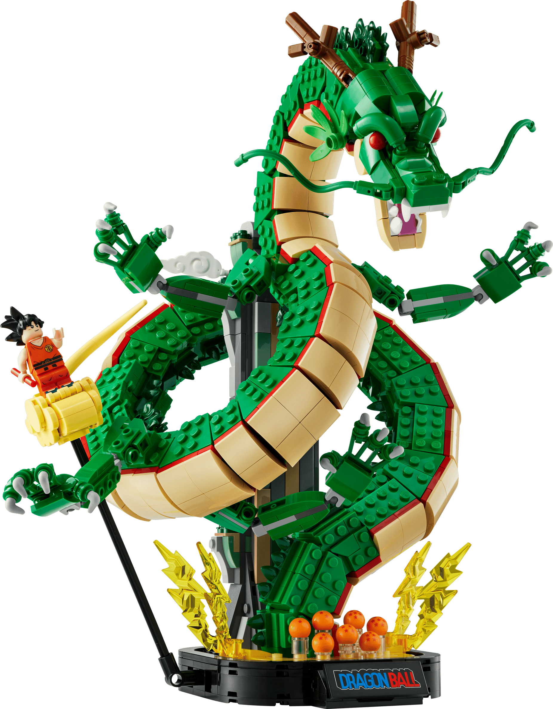 Green and gold spiral Shenron dragon LEGO set, featuring Goku on his Flying Nimbus and the seven Dragon Balls at the base.