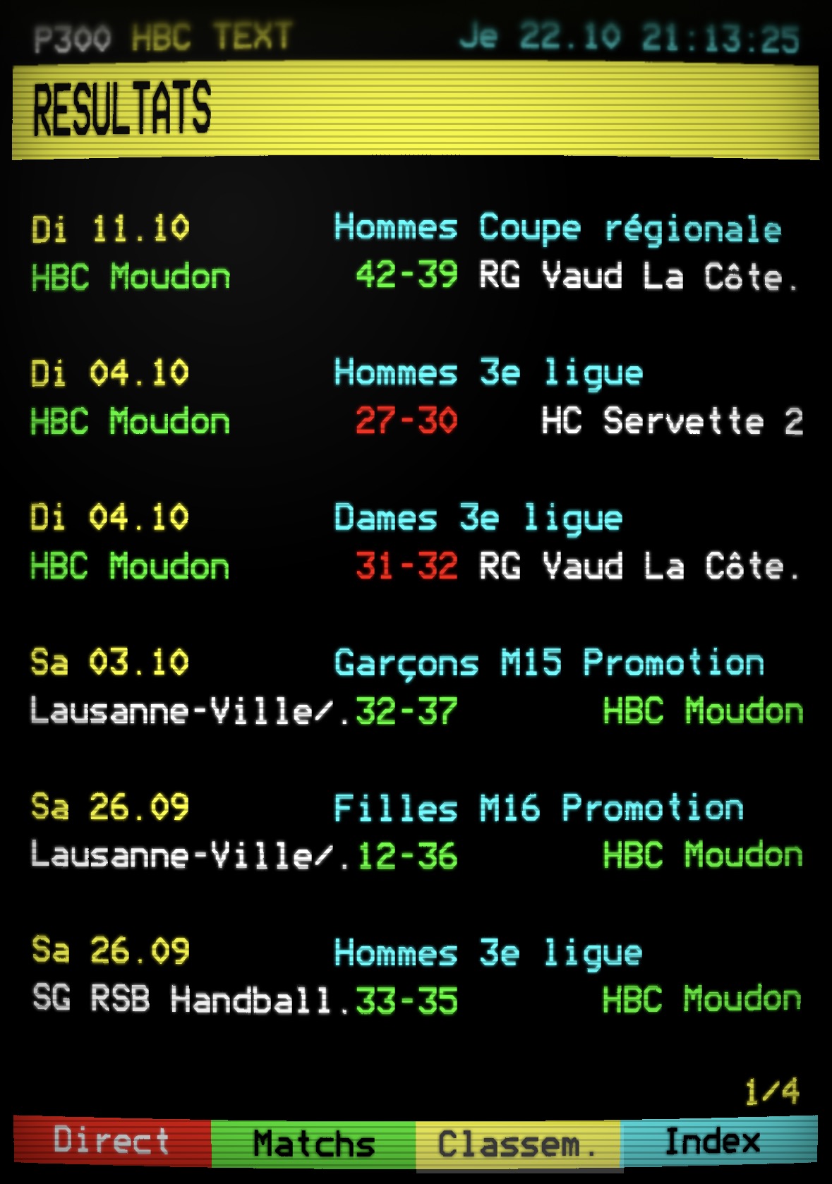 Teletext page listing HBC Moudon's recent results, with dates, categories and scores against opposing teams.