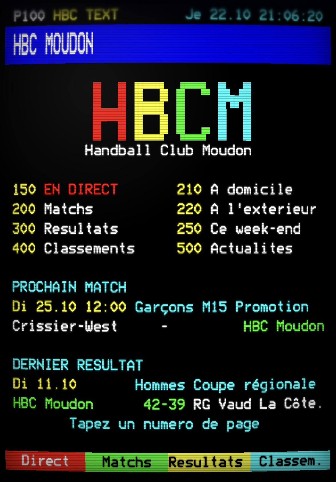 Teletext page for HBC Moudon with a colourful logo, a navigation menu and the result of the latest match against RG Vaud La Côte.