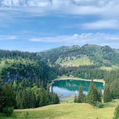 A turquoise alpine lake nestled in a forested valley surrounded by coniferous trees, with grassy meadows and forested mountains rising in the background under a partly cloudy sky.