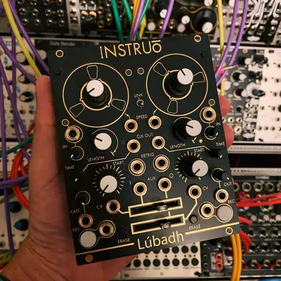 A black modular synthesizer module labeled 