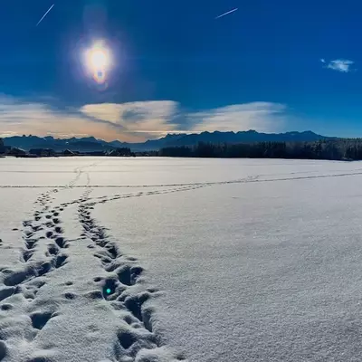 Footprints trail across a frozen lake surface in winter, leading toward snow-covered mountains under a bright sun and deep blue sky with wispy clouds.