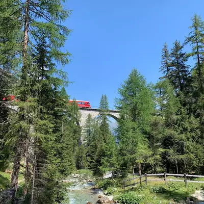 A mountain landscape with tall coniferous trees framing a small stream, wooden fence posts along a grassy meadow, and a red-roofed building visible on a bridge or structure in the distant background against a clear blue sky.