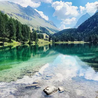 A pristine alpine lake with turquoise waters reflects white clouds and blue sky, surrounded by forested mountains with coniferous trees and grassy slopes under bright sunlight.