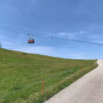 A red cable car travels along overhead wires above a grassy Alpine meadow with a paved path curving through the green landscape, surrounded by scattered trees under a partly cloudy blue sky.