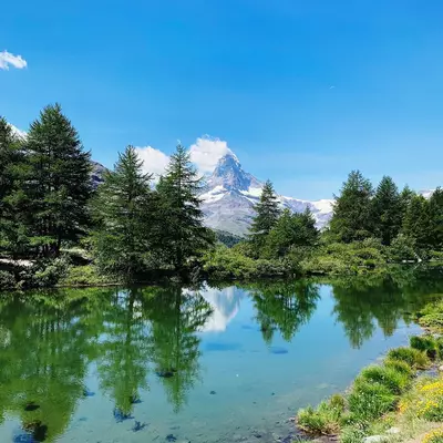 A pristine alpine lake reflects snow-capped mountains and evergreen trees under a clear blue sky with white clouds. The turquoise water mirrors the surrounding landscape, with coniferous forests lining both shores and rocky terrain visible along the bank.