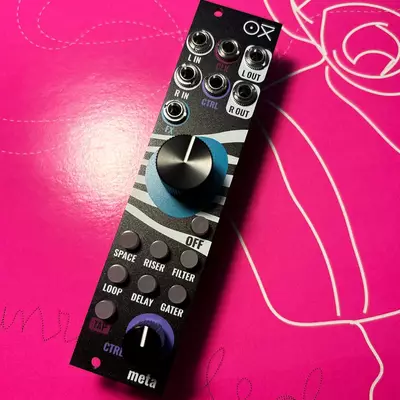A black modular synthesizer module with a blue potentiometer and multiple jack inputs arranged vertically, photographed against a bright pink background with white decorative swirls.