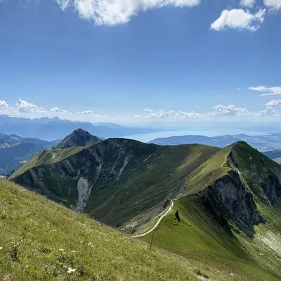 Picture of green mountain ridges, including Teysachaux, with a clear sky overhead, offering a panoramic view of the distant Lake Geneva (Lac Léman).