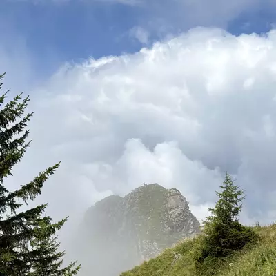 A misty image capturing the silhouette of a mountain at Grand Chamossaire, with a barely visible ibex on the ridge.