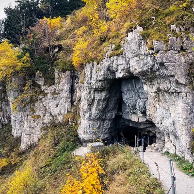 A hiking trail leading to the entrance of a cave, surrounded by rocky cliffs with trees in vibrant autumn colors.