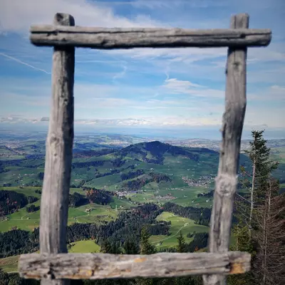 View through a rustic wooden picture frame structure at Kronberg summit, looking north toward Lake Constance with the Swiss countryside below featuring rolling green hills, scattered villages, forests, and distant horizon
