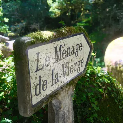 A dilapidated sign in the middle of the forest says 