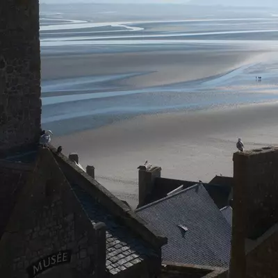 Medieval stone structures with conical roofs frame a sweeping view of the bay at Mont-Saint-Michel, where tidal flats and shallow waters stretch across the landscape under an overcast sky.