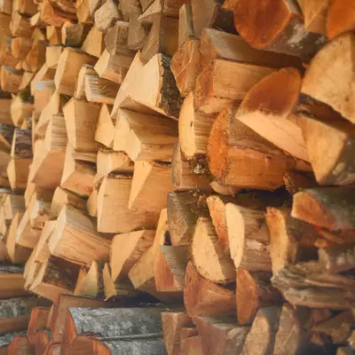 Stacked firewood logs neatly arranged in rows, showing cut wood pieces in various shades of brown and orange tones drying in natural light.