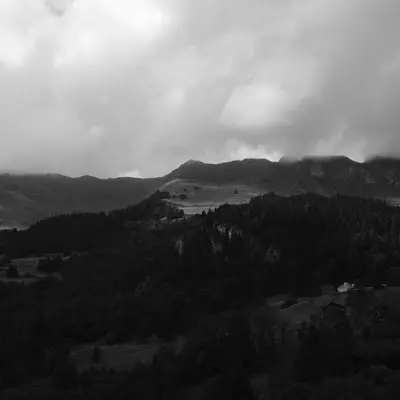 Moody black and white landscape of forested mountains beneath overcast skies, with a distant lake visible among the rolling terrain and evergreen trees.