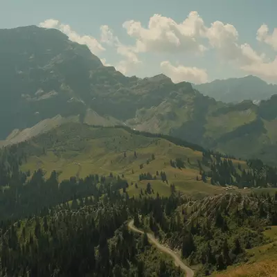 Rolling alpine meadows dotted with coniferous forests stretch across valleys beneath towering mountains under a partly cloudy sky, with a winding path visible through the forested slopes.