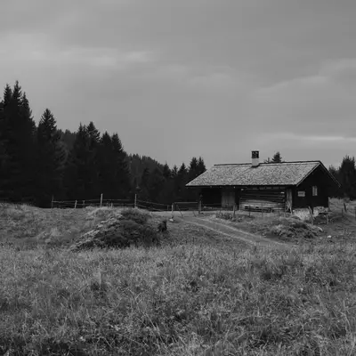 An isolated wooden chalet on an Alpine meadow, surrounded by fir trees under an overcast sky. Black and white photograph with a quiet, austere atmosphere.