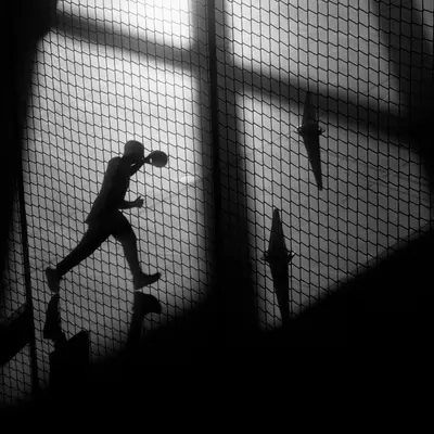 Silhouette of a runner cast on a chain-link fence, backlit through a bright window grid, in high-contrast black and white.