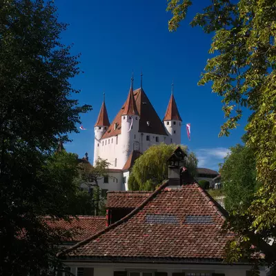 Thun Castle with its four conical towers rises above tiled rooftops, framed by trees under a clear blue sky.