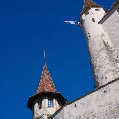 Two medieval stone towers with conical red roofs rise against a clear blue sky, a flag flying from one of them.