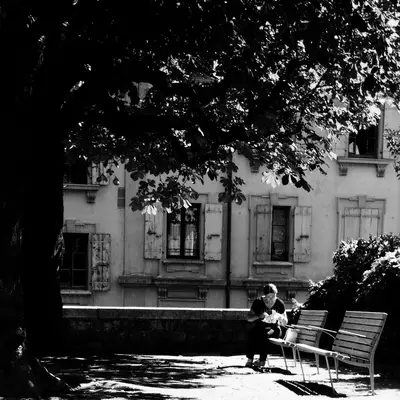 Person sitting on a bench in dappled shade beneath a large tree, facing a shuttered building in St-Maur Square.