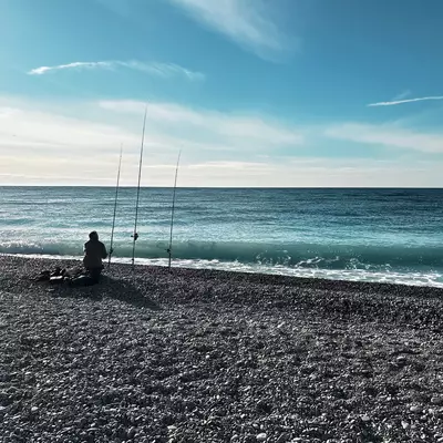 A solitary angler sitting on a pebble beach, facing the turquoise sea under a clear blue sky. Three fishing rods are planted in front of them. Sunlight sparkles on the water's surface, creating a striking contrast with the dark pebbles of the shoreline. The image conveys a peaceful and contemplative atmosphere.