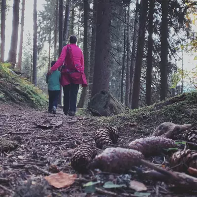 A mother walks with her 4 year old son in the forest. The subjects are photographed from behind. The mother is on the child's right and her hand is resting on her son's left shoulder.