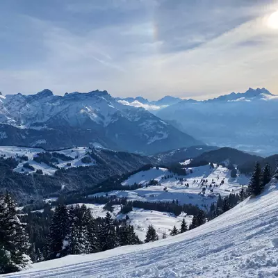 View on the golf of Villars, the ski resort of Grillon and the Dents du Midi.