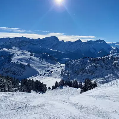 View towards Brettaye from Petit Chamossaire. The lake is covered with snow.